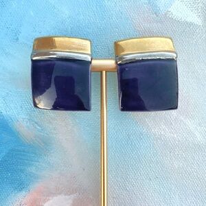 Vintage 80s Indigo Ceramic Gold Silver Rectangle Earrings